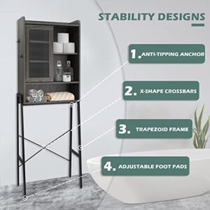 SUNTAGE Over Toilet Storage Cabinet for Bathroom, Over Toilet Shelf Organizer, Freestanding Space Saver with Adjustable Shelves, Wide Open Shelf, Acrylic Sliding Door, Metal Frame, Vintage Grey