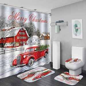 4 pcs christmas shower curtain sets with rugs red truck with xmas tree snowmen farmhouse shower curtain waterproof bathroom set with hooks toilet lid cover bath mat