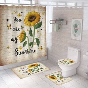 CILPIR Sunflower Shower Curtain Sets with Rugs 4PCS, You are My Sunshine Bathroom Curtains Shower Decor Set with Non-Slip Rug, Toilet Lid Cover and Bath Mat, Shower Curtain Sunflower with 12 Hooks