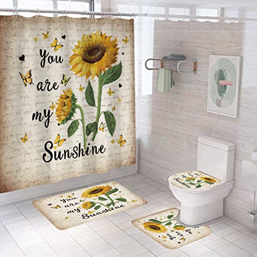 CILPIR Sunflower Shower Curtain Sets with Rugs 4PCS, You are My Sunshine Bathroom Curtains Shower Decor Set with Non-Slip Rug, Toilet Lid Cover and Bath Mat, Shower Curtain Sunflower with 12 Hooks