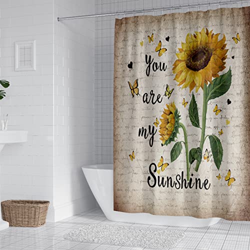 CILPIR Sunflower Shower Curtain Sets with Rugs 4PCS, You are My Sunshine Bathroom Curtains Shower Decor Set with Non-Slip Rug, Toilet Lid Cover and Bath Mat, Shower Curtain Sunflower with 12 Hooks