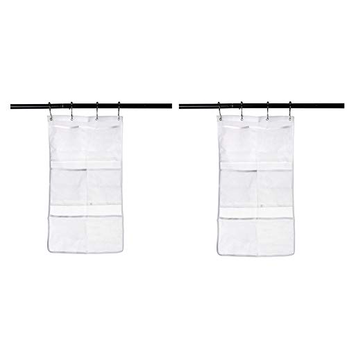 2 Pack Mesh Shower Organizer Hanging Mesh Pockets Bathroom Caddy 6 Pockets Hang Curtain Rod with 4 Rings, Shampoo Shower Organizer, Quick Dry, Space Saving