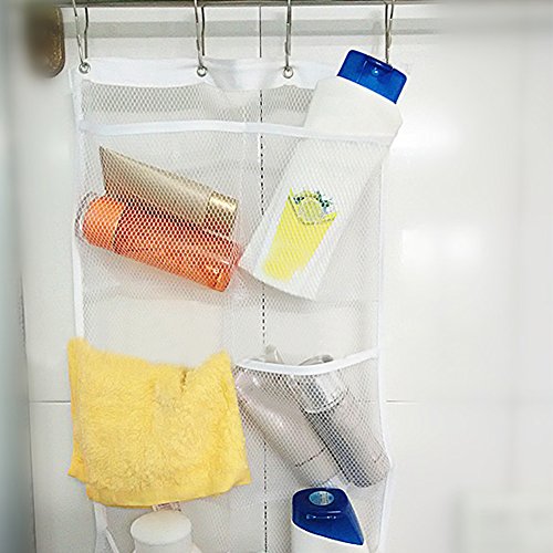 2 Pack Mesh Shower Organizer Hanging Mesh Pockets Bathroom Caddy 6 Pockets Hang Curtain Rod with 4 Rings, Shampoo Shower Organizer, Quick Dry, Space Saving