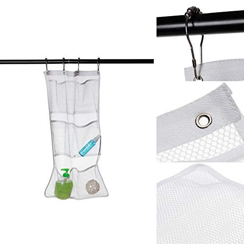 2 Pack Mesh Shower Organizer Hanging Mesh Pockets Bathroom Caddy 6 Pockets Hang Curtain Rod with 4 Rings, Shampoo Shower Organizer, Quick Dry, Space Saving