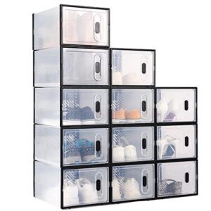 12 pack foldable shoe storage boxes, shoe boxes clear plastic stackable with front magnetic door, ventilation and dust-proof, shoe organizer boxes for closet, entryway, bedroom, fit for sneaker/boots/high heel(13.9 x 9.8 x 7.2) clear (12pack)