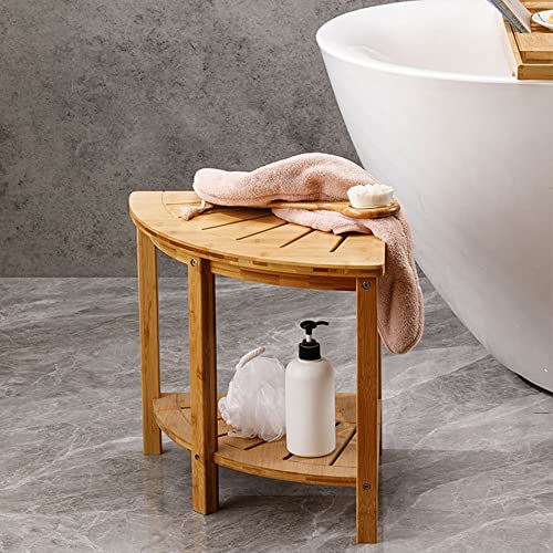 Kohtla Bamboo Corner Shower Seat Bench with Storage Shelf Wood Spa Stool for Bathroom, Indoor and Outdoor Use