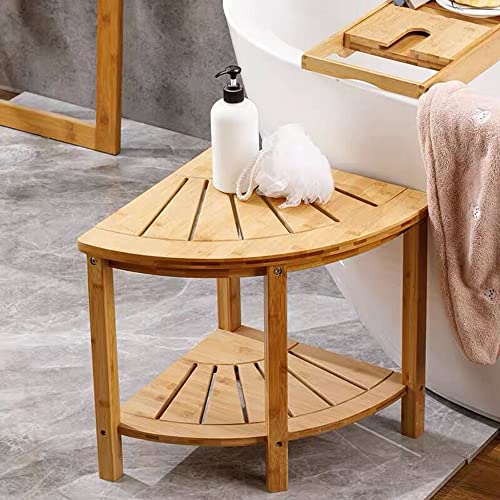 Kohtla Bamboo Corner Shower Seat Bench with Storage Shelf Wood Spa Stool for Bathroom, Indoor and Outdoor Use