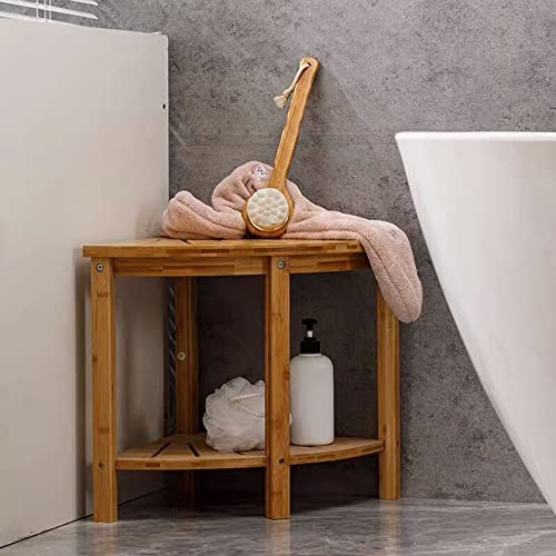 Kohtla Bamboo Corner Shower Seat Bench with Storage Shelf Wood Spa Stool for Bathroom, Indoor and Outdoor Use