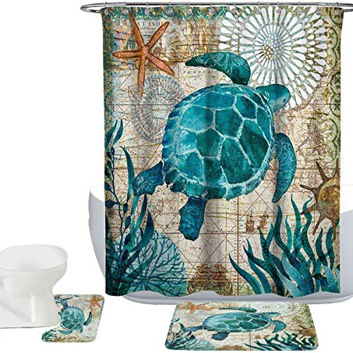 Amagical Sea World Sea Turtle Pattern 3 Piece Bathroom Mat Set Shower Curtain Set Bathroom Mat Carpet Contour Mat Fabric Shower Curtain with 12 Hooks