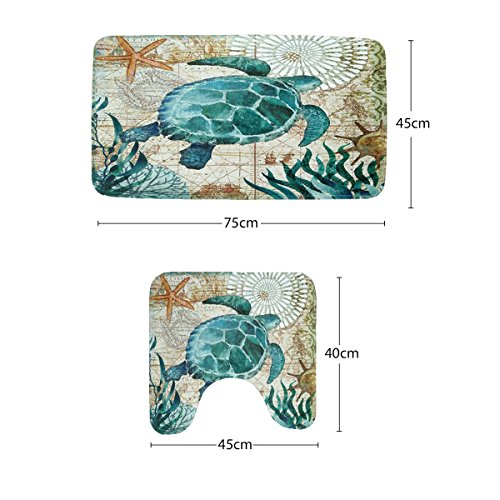 Amagical Sea World Sea Turtle Pattern 3 Piece Bathroom Mat Set Shower Curtain Set Bathroom Mat Carpet Contour Mat Fabric Shower Curtain with 12 Hooks