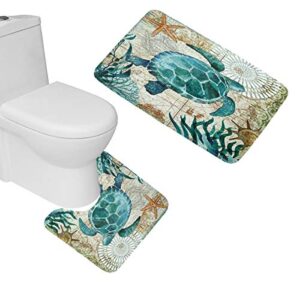 Amagical Sea World Sea Turtle Pattern 3 Piece Bathroom Mat Set Shower Curtain Set Bathroom Mat Carpet Contour Mat Fabric Shower Curtain with 12 Hooks