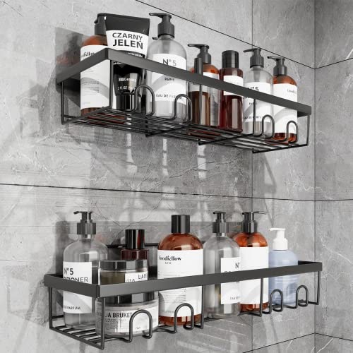 BOROY Shower Caddy Shelf Organizer Rack(2Pack), No Drilling, Self Adhesive Black Bathroom Shelves Basket for Home Wall Shower Inside Organization and Storage