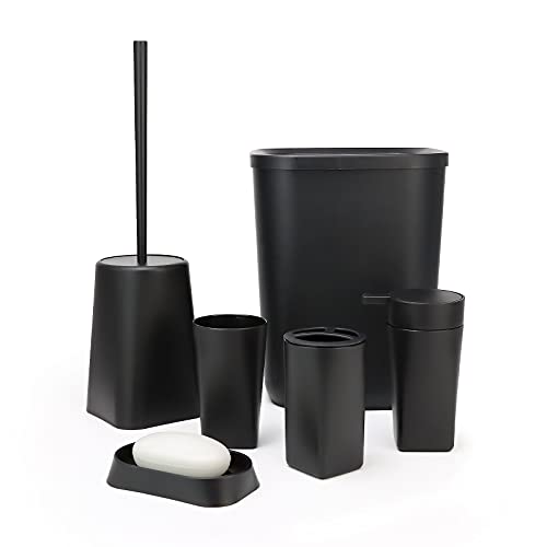 IMAVO Bathroom Accessories Set,6-Piece Bathroom Gift Set,Toothbrush Holder,Toothbrush Cup,Soap Dispenser,Soap Dish,Toilet Brush Holder,Trash Can,Tumbler Bathroom Accessory Set Complete,Black