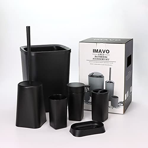 IMAVO Bathroom Accessories Set,6-Piece Bathroom Gift Set,Toothbrush Holder,Toothbrush Cup,Soap Dispenser,Soap Dish,Toilet Brush Holder,Trash Can,Tumbler Bathroom Accessory Set Complete,Black
