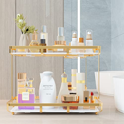 Hassol 2 Tier Bathroom Countertop Organizer, Premium for Makeup Organization and Storage, Vanity Trays, Skincare Organizers, Counter Trays, Perfume, Display, Kitchen, Lotion, Cosmetic Gold Shelf
