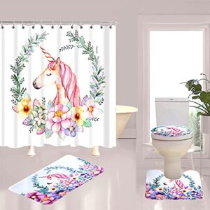 amagical 16 pieces shower curtain set bathroom mat set unicorn printed bath mat contour mat toilet cover shower curtain 12 hooks