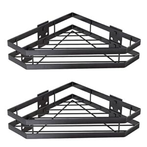 pinniyou 2-pack corner shower caddy, wall mounted bathroom shelf with adhesive and 4 hooks, storage organizer for toilet, dorm and kitchen (black)