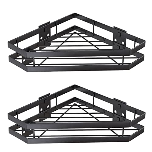 PINNIYOU 2-Pack Corner Shower Caddy, Wall Mounted Bathroom Shelf with Adhesive and 4 Hooks, Storage Organizer for Toilet, Dorm and Kitchen (Black)