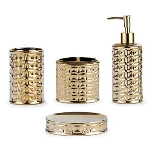 gold bathroom accessory set, 4-piece ceramic bathroom decorations accessories sets includes lotion dispenser, toothbrush holder tumbler and soap dish