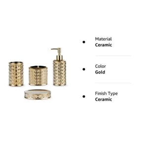 Gold Bathroom Accessory Set, 4-Piece Ceramic Bathroom Decorations Accessories Sets Includes Lotion Dispenser, Toothbrush Holder Tumbler and Soap Dish