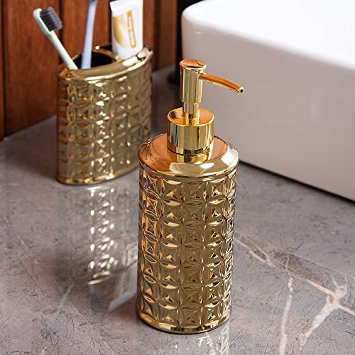 Gold Bathroom Accessory Set, 4-Piece Ceramic Bathroom Decorations Accessories Sets Includes Lotion Dispenser, Toothbrush Holder Tumbler and Soap Dish