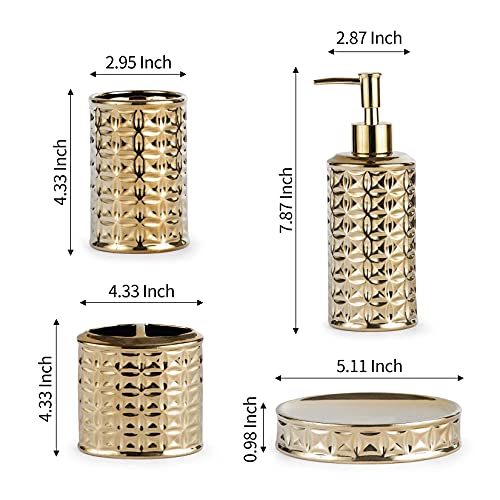 Gold Bathroom Accessory Set, 4-Piece Ceramic Bathroom Decorations Accessories Sets Includes Lotion Dispenser, Toothbrush Holder Tumbler and Soap Dish