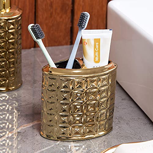 Gold Bathroom Accessory Set, 4-Piece Ceramic Bathroom Decorations Accessories Sets Includes Lotion Dispenser, Toothbrush Holder Tumbler and Soap Dish