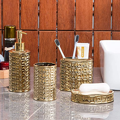 Gold Bathroom Accessory Set, 4-Piece Ceramic Bathroom Decorations Accessories Sets Includes Lotion Dispenser, Toothbrush Holder Tumbler and Soap Dish