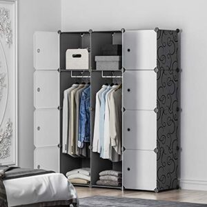 KOUSI Portable Closet Wardrobe Closet Clothes Closet Bedroom Armoire Storage Organizer with Doors, Spacious & Sturdy, Extra Space & Durable Black HHRBYG-TZ (6 Cubes&2 Hanging Section)