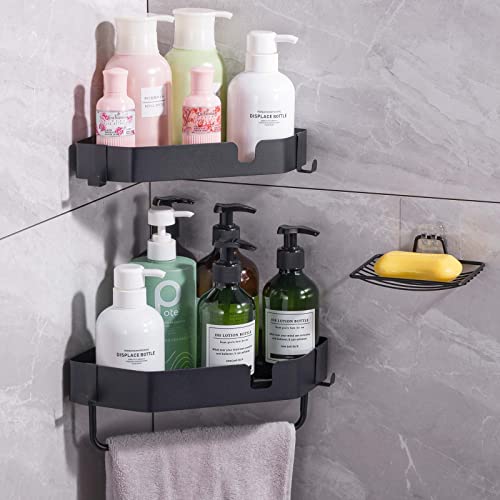 Wanlidor Corner Shower Caddy with Soap and Tower Holder 4 Movable Hooks,Stainless Steel 4-Pack Black Adhesive Shower Oraganizer Shower Shelves for Bathroom Kitchen Storage(No Driling or Drilling)