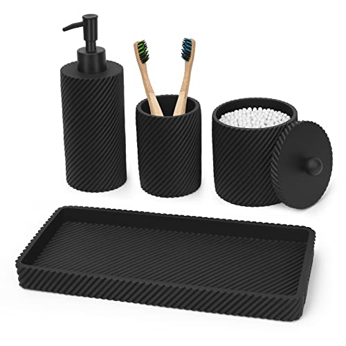 Bathroom Accessories Set 4Pcs-Lotion Soap Dispenser,Toothbrush Holder,Qtip Holder Dispenser,Vanity Tray for Decor Bathroom Countertop,Vanity Organizer-Matte Black