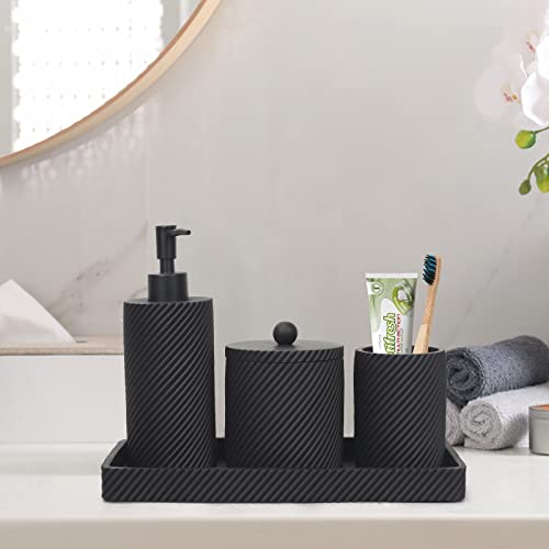 Bathroom Accessories Set 4Pcs-Lotion Soap Dispenser,Toothbrush Holder,Qtip Holder Dispenser,Vanity Tray for Decor Bathroom Countertop,Vanity Organizer-Matte Black