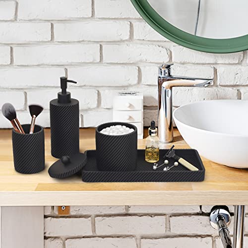 Bathroom Accessories Set 4Pcs-Lotion Soap Dispenser,Toothbrush Holder,Qtip Holder Dispenser,Vanity Tray for Decor Bathroom Countertop,Vanity Organizer-Matte Black