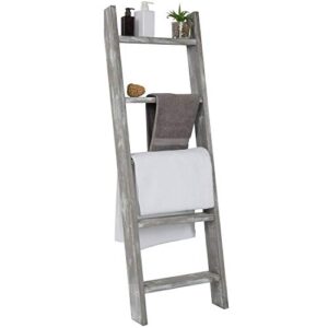 mygift gray washed wood decorative ladder shelf, 4.5 foot wall leaning wooden towel blanket ladder storage rack for bathroom or living room