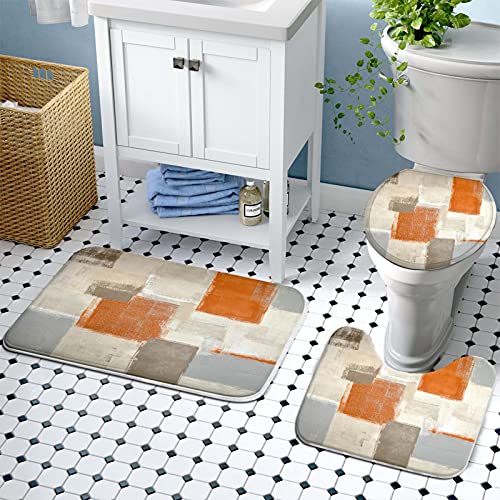 4Pcs Bathroom Shower Curtain Sets with Rugs,Modern Orange and White Painting Art Bathroom Sets with Shower Curtain and Rugs and Accessories