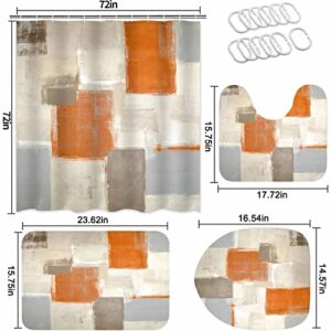 4Pcs Bathroom Shower Curtain Sets with Rugs,Modern Orange and White Painting Art Bathroom Sets with Shower Curtain and Rugs and Accessories