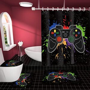 Izayoi 4pcs Black Shower Curtain Sets with Non-Slip Rugs Toilet Lid Cover and Bath Mat Waterproof Kids Shower Curtains with 12 Hooks for Boys Bathroom Décor