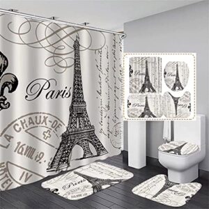 4pcs paris eiffel tower shower curtain set with non-slip rugs toilet lid cover and bath mat shower curtain with 12 hooks bathroom sets with shower curtain and rugs and accessories