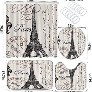 4PCS Paris Eiffel Tower Shower Curtain Set with Non-Slip Rugs Toilet Lid Cover and Bath Mat Shower Curtain with 12 Hooks Bathroom Sets with Shower Curtain and Rugs and Accessories