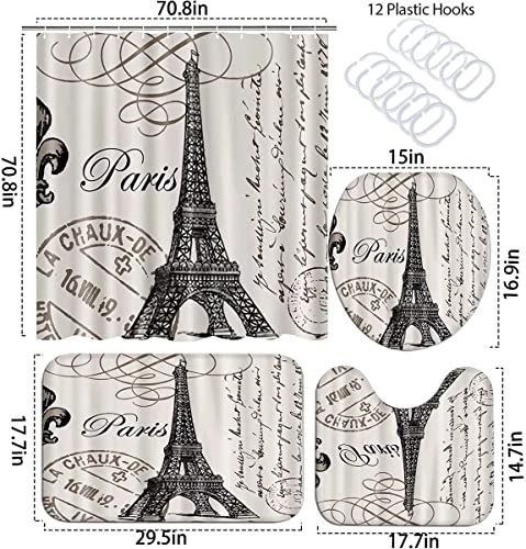 4PCS Paris Eiffel Tower Shower Curtain Set with Non-Slip Rugs Toilet Lid Cover and Bath Mat Shower Curtain with 12 Hooks Bathroom Sets with Shower Curtain and Rugs and Accessories