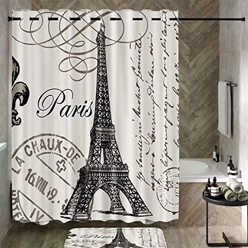 4PCS Paris Eiffel Tower Shower Curtain Set with Non-Slip Rugs Toilet Lid Cover and Bath Mat Shower Curtain with 12 Hooks Bathroom Sets with Shower Curtain and Rugs and Accessories