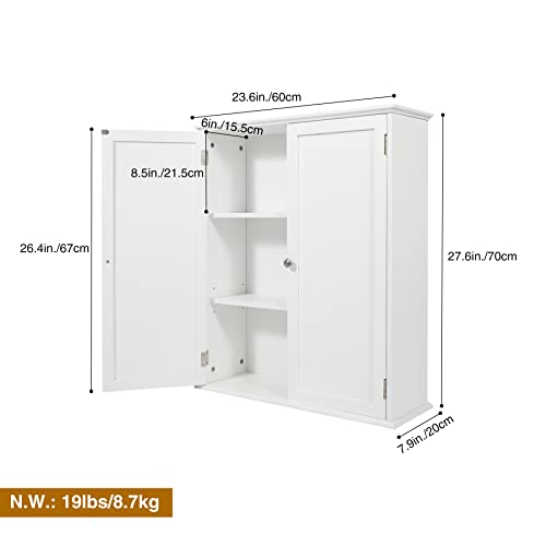 ALAPUR Bathroom Cabinet Wall Mounted,Over Toilet Storage Cabinet with 2 Doors and Adjustable Shelves,Wood Medicine Cabinet for Bathroom, White