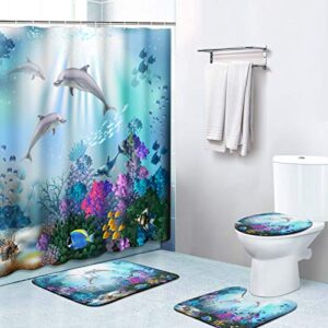britimes 4 piece shower curtain sets, underwater world dolphins plants with non-slip rugs, toilet lid cover and bath mat, durable and waterproof, for bathroom decor set, 72" x 72"