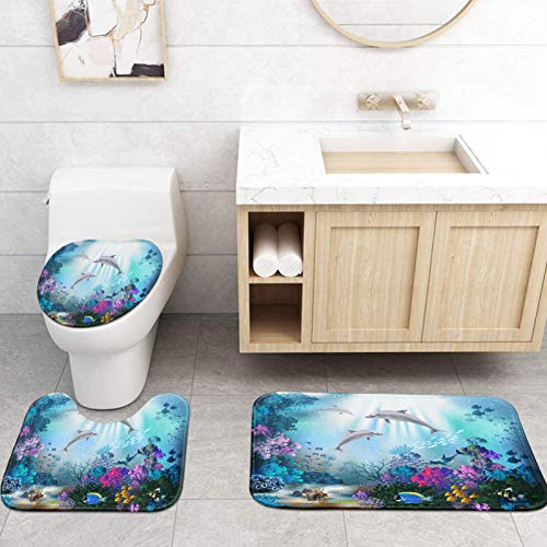 Britimes 4 Piece Shower Curtain Sets, Underwater World Dolphins Plants with Non-Slip Rugs, Toilet Lid Cover and Bath Mat, Durable and Waterproof, for Bathroom Decor Set, 72" x 72"