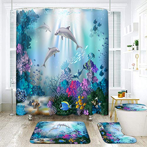 Britimes 4 Piece Shower Curtain Sets, Underwater World Dolphins Plants with Non-Slip Rugs, Toilet Lid Cover and Bath Mat, Durable and Waterproof, for Bathroom Decor Set, 72" x 72"