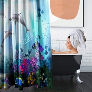 Britimes 4 Piece Shower Curtain Sets, Underwater World Dolphins Plants with Non-Slip Rugs, Toilet Lid Cover and Bath Mat, Durable and Waterproof, for Bathroom Decor Set, 72" x 72"