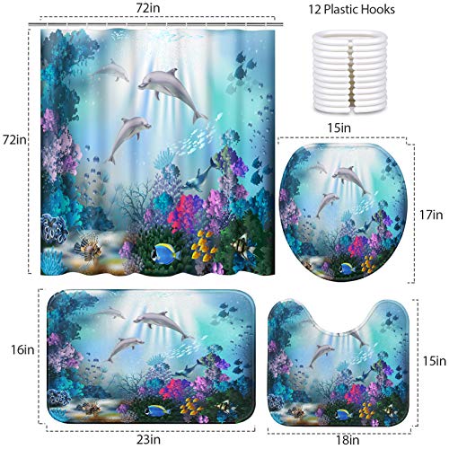 Britimes 4 Piece Shower Curtain Sets, Underwater World Dolphins Plants with Non-Slip Rugs, Toilet Lid Cover and Bath Mat, Durable and Waterproof, for Bathroom Decor Set, 72" x 72"