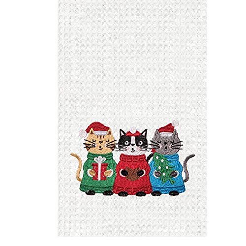 C&F Home Caroling Cats Embroidered Waffle Weave Kitchen Towel Christmas Holiday Machine Washable Cotton Towel Decor Decoration 18" x 27" White