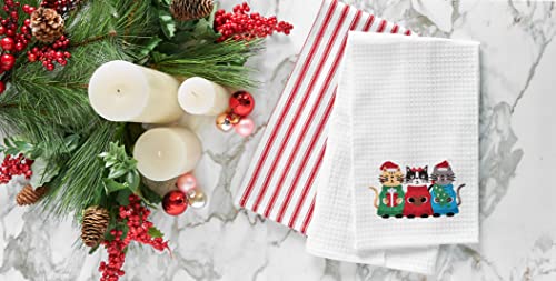 C&F Home Caroling Cats Embroidered Waffle Weave Kitchen Towel Christmas Holiday Machine Washable Cotton Towel Decor Decoration 18" x 27" White