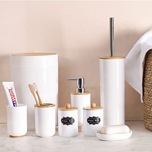 Fixwal Bamboo Bathroom Accessories Set of 8, Soap Dish Soap Dispenser Toothbrush Cup Toothbrush Holder Toilet Brush Trash Can and 2 Qtip Holders with Bamboo Lids(White)